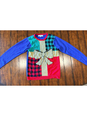 Jolly Sweaters Colorful Bow Patchwork Ugly Sweater - Christmas Present, Medium